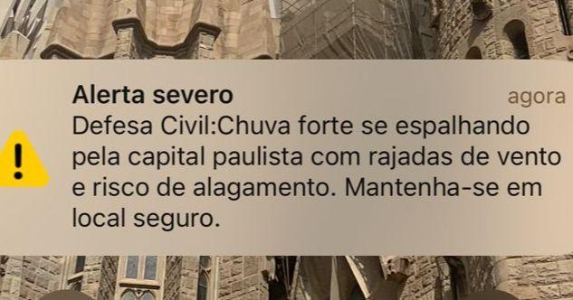 Defesa Civil de SP envia alerta de chuva forte para toda a capital 