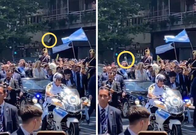 Vídeo mostra garrafa atirada em direção a Milei durante desfile na Argentina Vídeo mostra garrafa atirada em direção a Milei durante desfile na Argentina