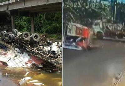 Série de acidentes: caminhão despenca de ponte e ambulância capota Série de acidentes: caminhão despenca de ponte e ambulância capota