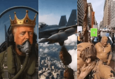 Trump posta vídeo fake em que pilota avião e joga fezes sobre manifestantes do "No Kings" Trump posta vídeo fake em que pilota avião e joga fezes sobre manifestantes do "No Kings"