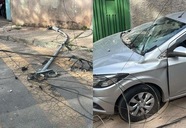 Postes caem no DF após caminhão arrastar fiação e assustam moradores; motorista ficou preso em carro Postes caem no DF após caminhão arrastar fiação e assustam moradores; motorista ficou preso em carro