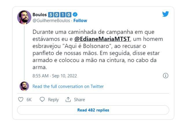 Imagem da noticia Guilherme Boulos relata ameaça com arma durante campanha em SP